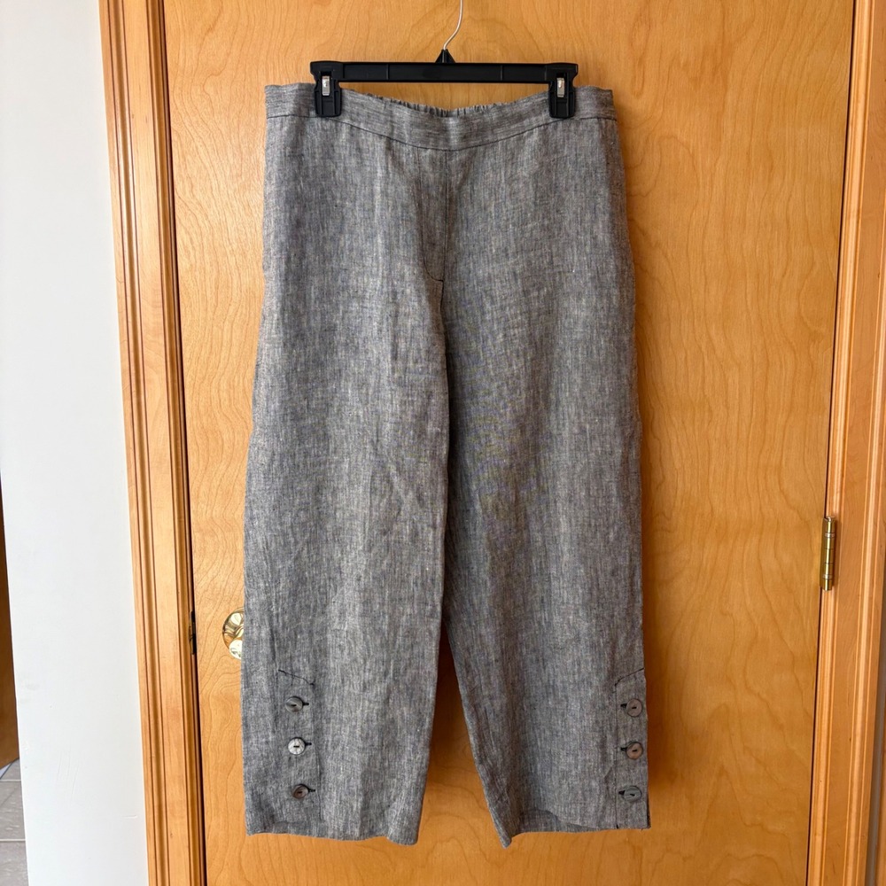 Chico's Linen Pants Womens 1.5 US 10 Grey Cropped Wide Leg Button Hem Trousers